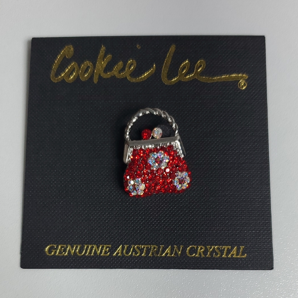 Cookie Lee Red Crystal Handbag Brooch